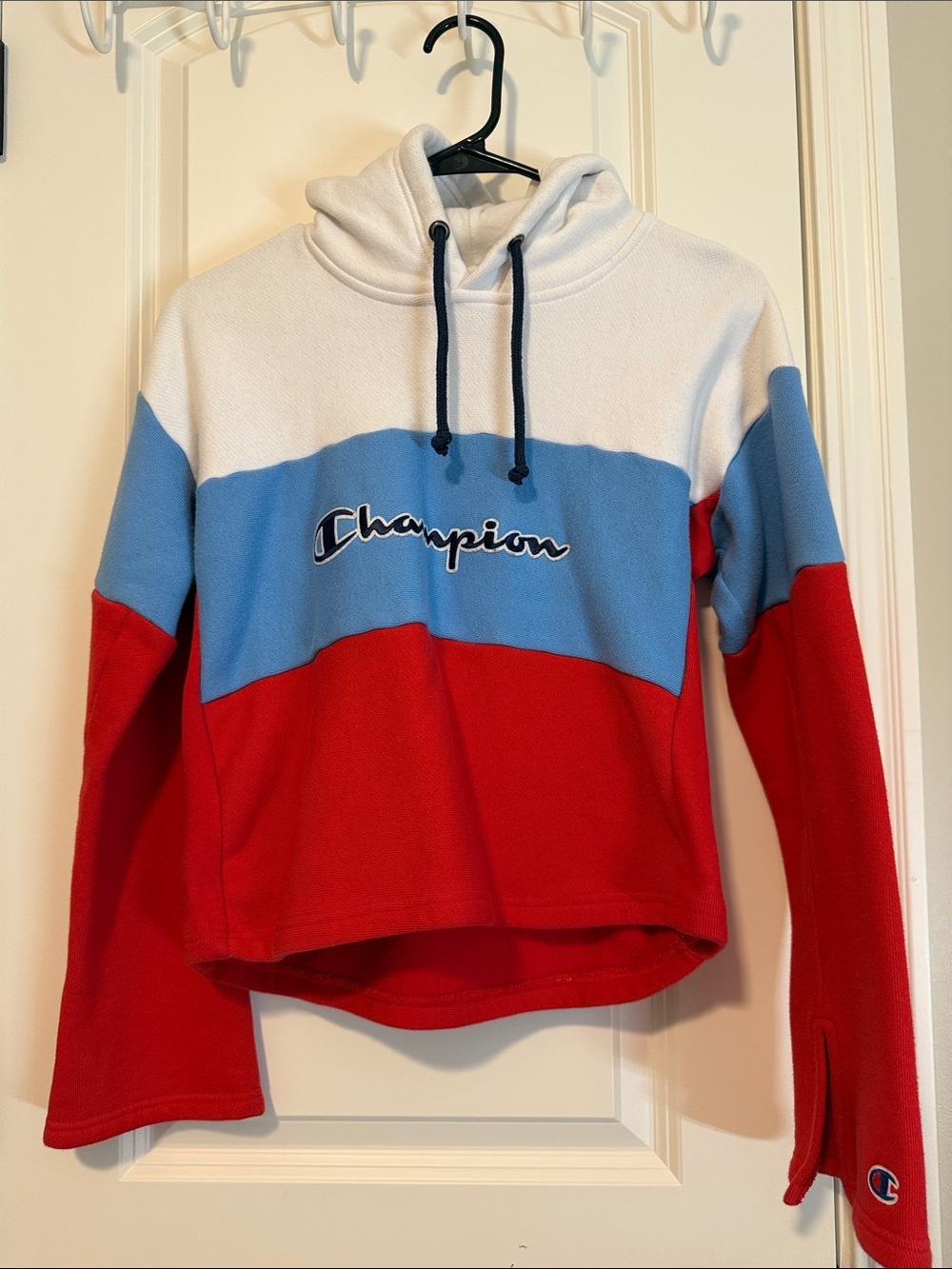 Champion Colorblock Cowl Hoodie Sweater in White, Blue & Red